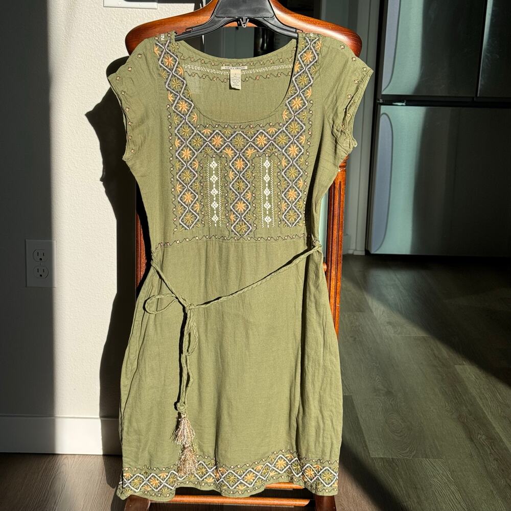 Lucky Brand Boho Embroidered Dress Olive Green Y2K Festival Prairie Midi Size S